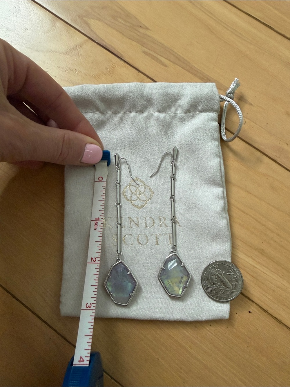 Kendra Scott Silver Drop Earrings with Iridescent Multicolor Stones